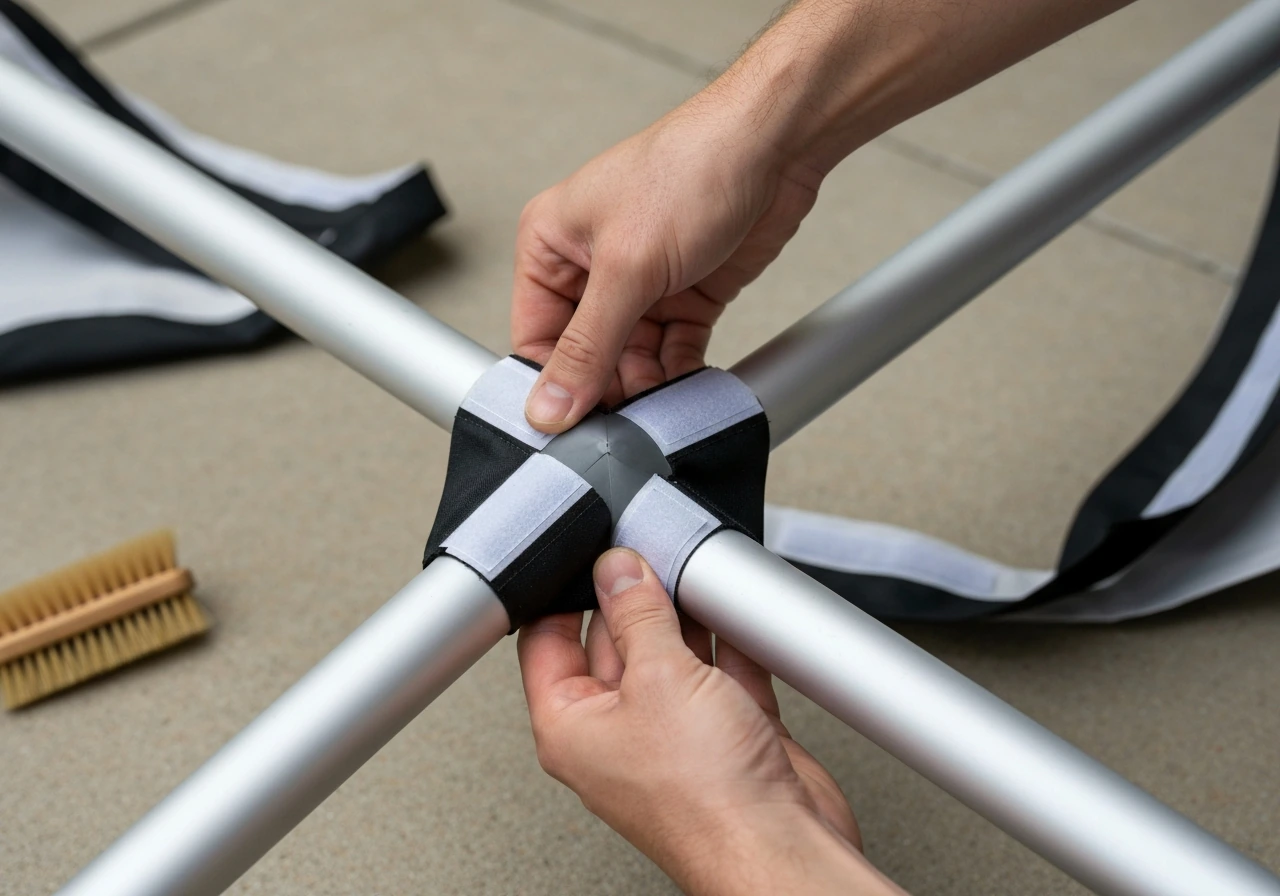 Hands pressing Velcro tabs onto clean canopy swing arms while fitting a corner pocket.