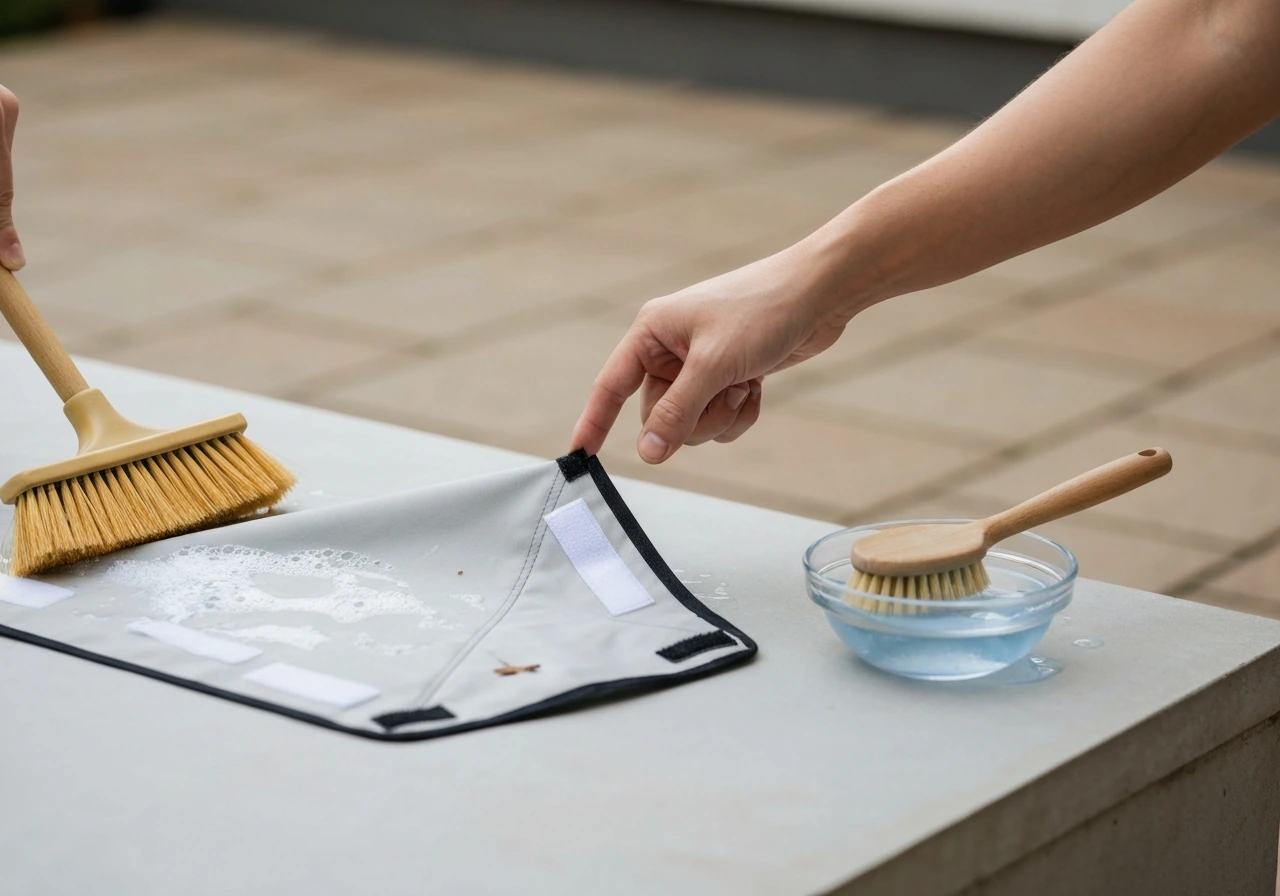 Hands brushing a canopy with a soft broom, soap-water bowl nearby, Velcro tabs and corner pocket visible.