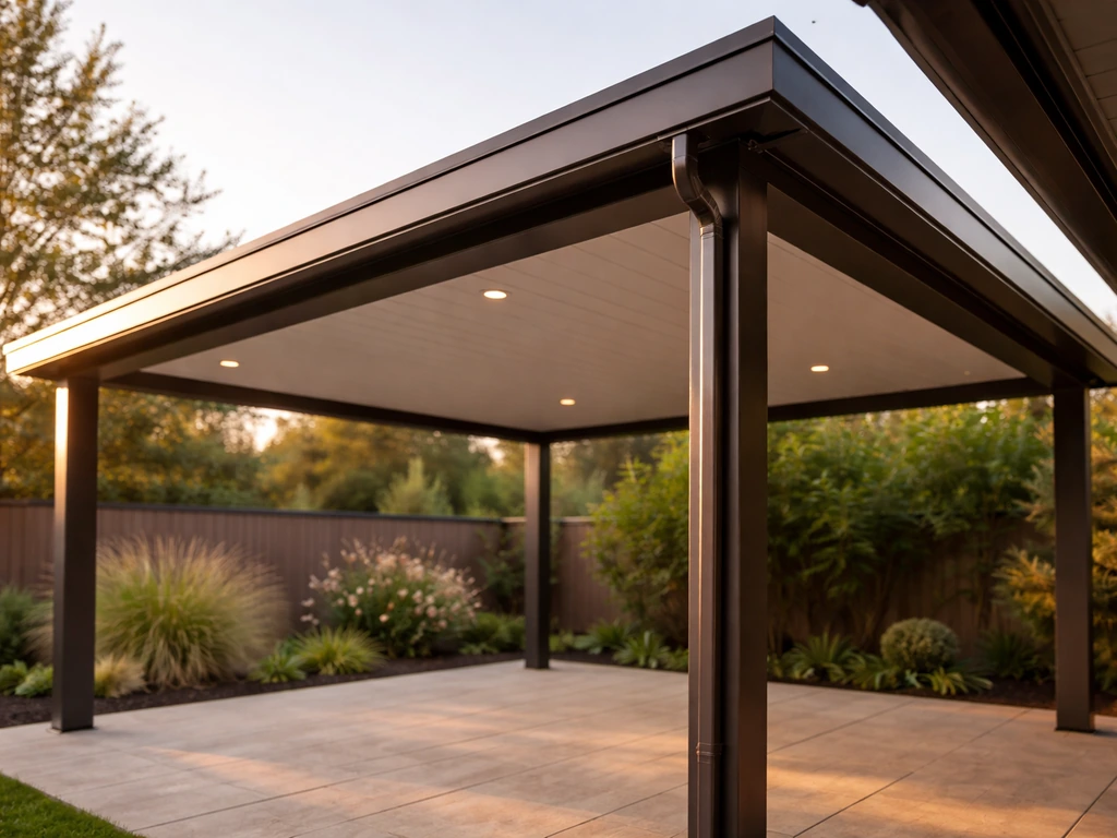 Golden-hour view of a premium residential patio cover with visible gutters and clean, well-finished materials.