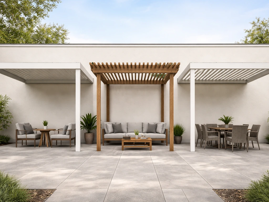 Three patio cover styles side by side: solid panel awning, pergola, and louvered/retractable cover.