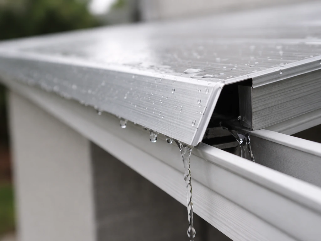 Close-up of an aluminum patio cover edge with water flowing down to a gutter drain at a gentle slope.