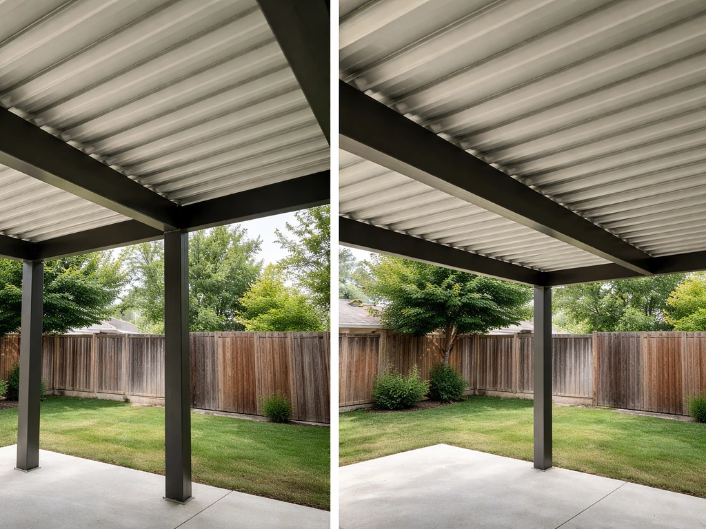 Patio cover frame showing rafters with a center support post versus a longer unsupported span
