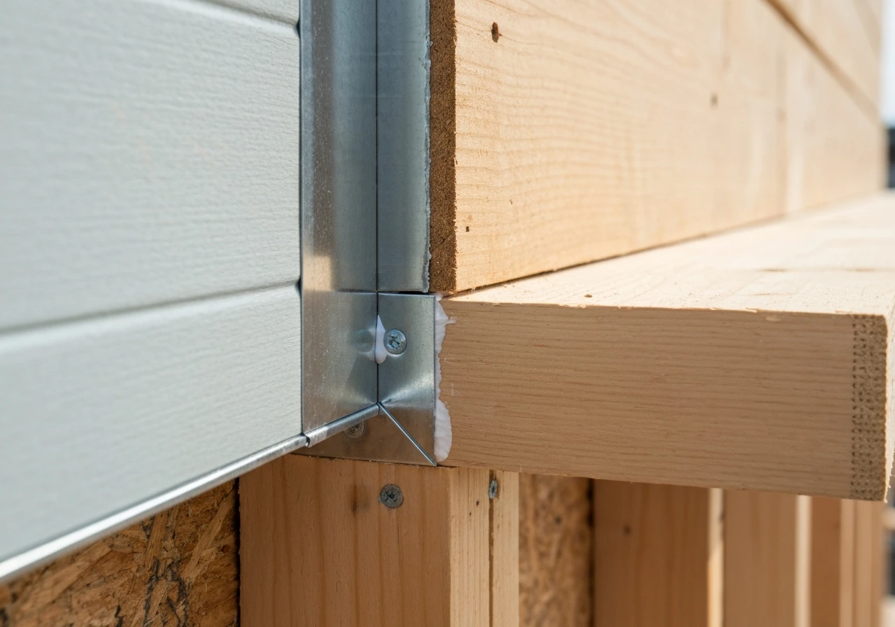 Closeup of metal ledger flashing lapped behind siding, directing water outward for proper waterproofing.