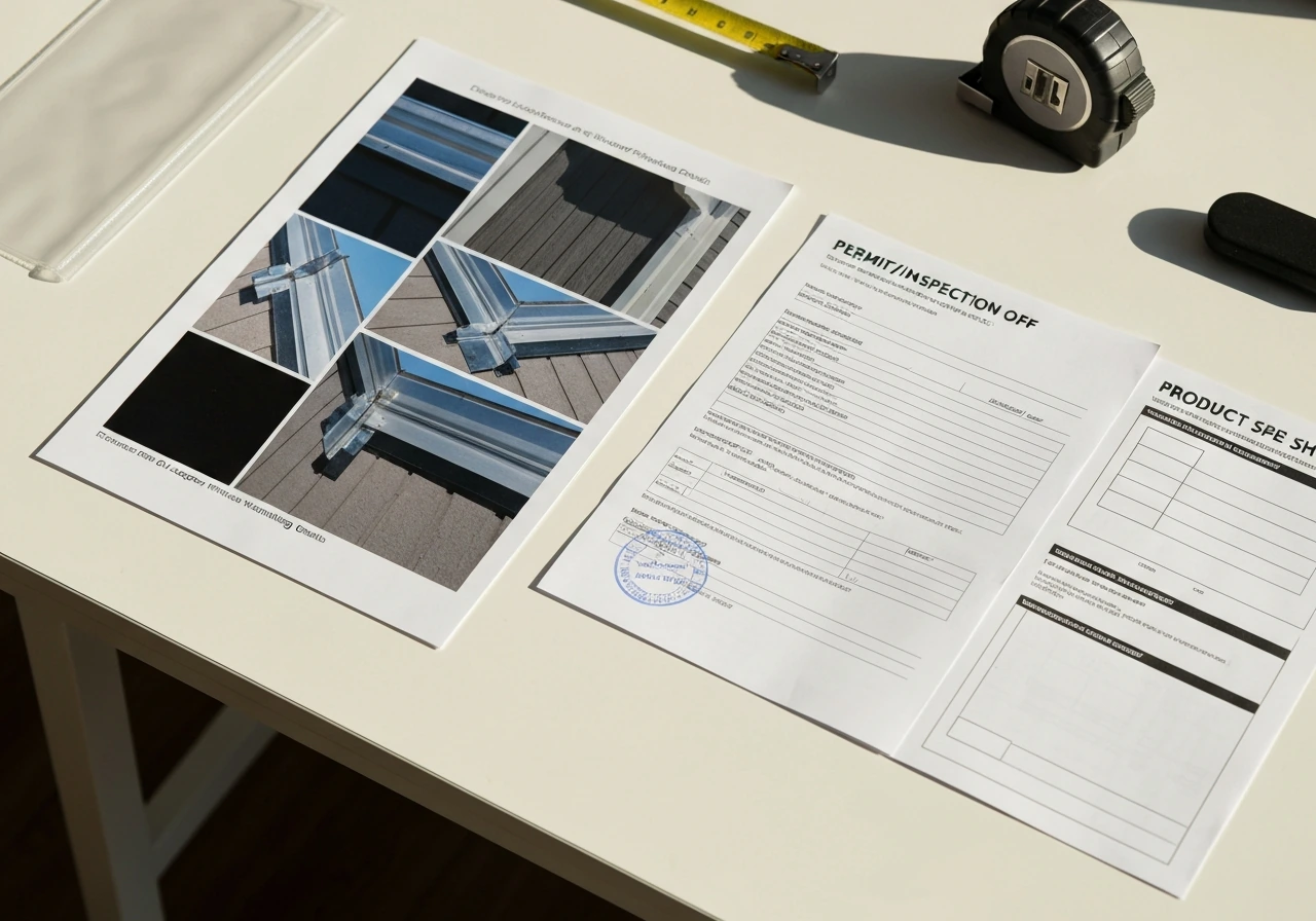 Worktable with neatly laid photo set, permit/inspection document, and product spec sheet for review before signing.