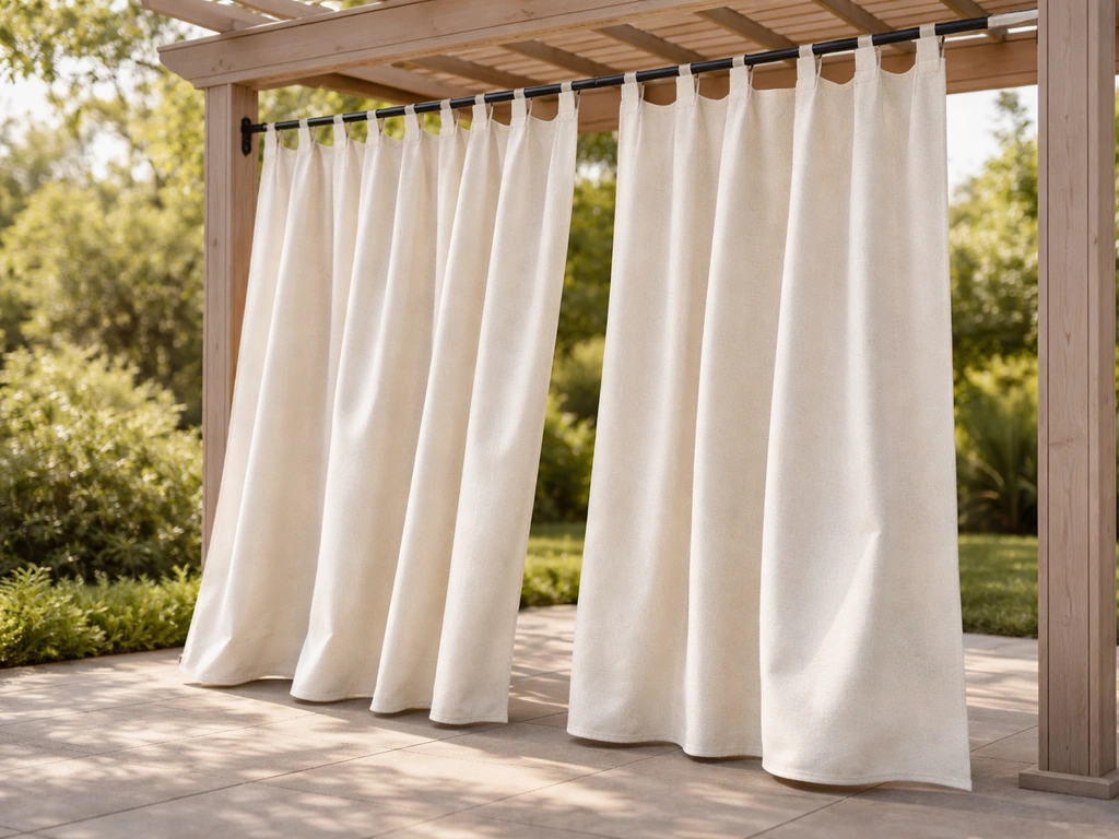 Tab top outdoor patio curtains hanging from a pergola with fabric texture glowing in sunlight