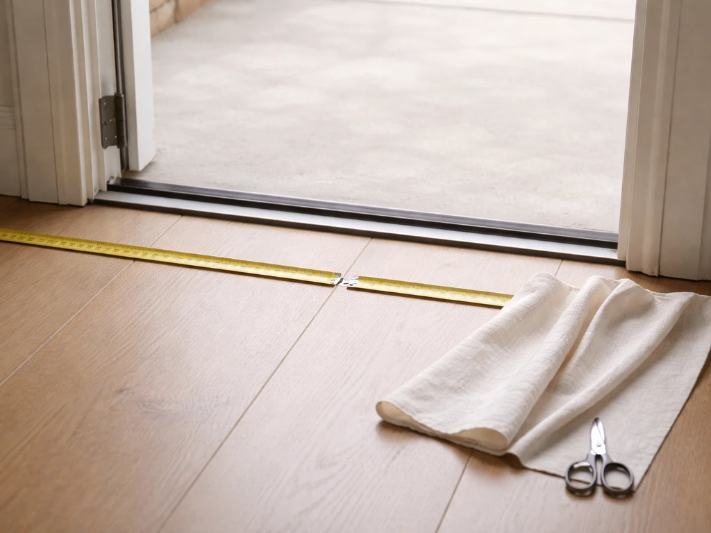 Measuring tape stretched across a patio opening with a fabric swatch, suggesting curtain width and fullness.