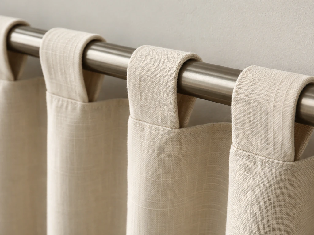 Close-up curtain rod with tab-loop panel showing tab thickness and rod fit tolerance.