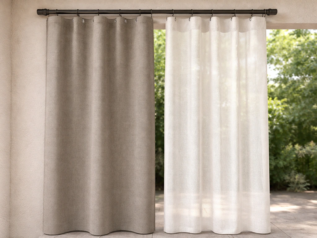 Same patio rod with two outdoor curtain fabric sections, showing opaque privacy and lighter filtering opacity.
