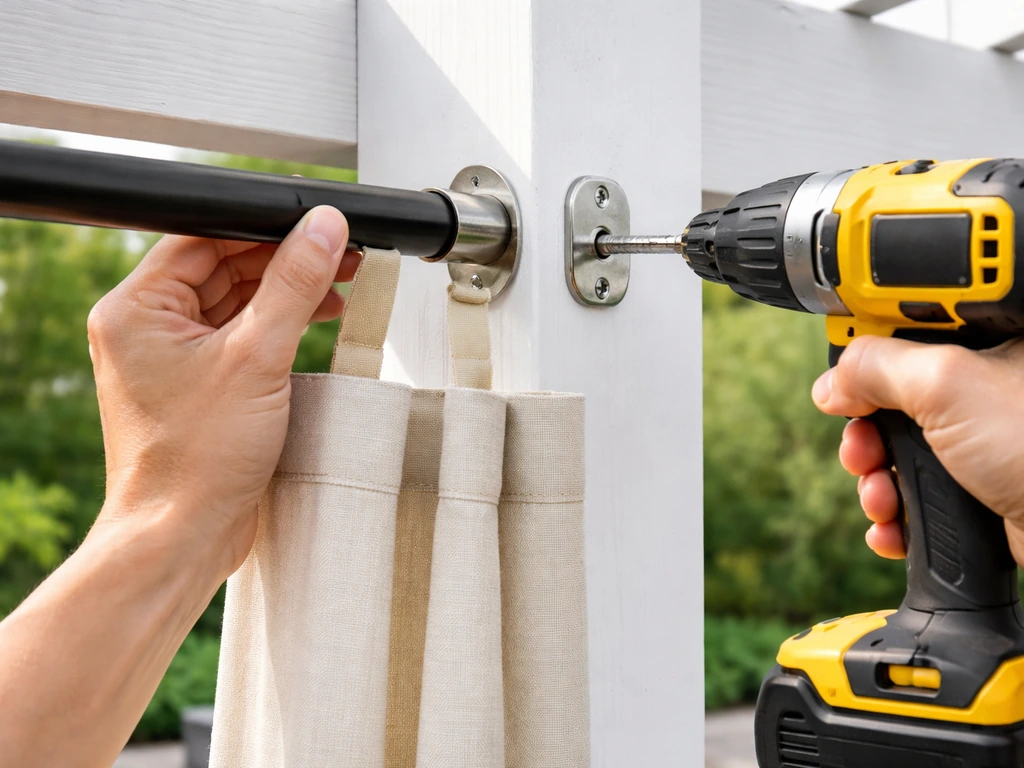 Hands mounting stainless curtain brackets on a pergola post and hanging tab top panels outdoors.