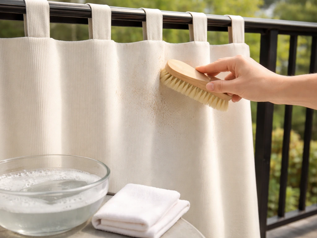 Hand brushing pollen and dry dirt from an outdoor tab-top curtain with soapy water nearby.