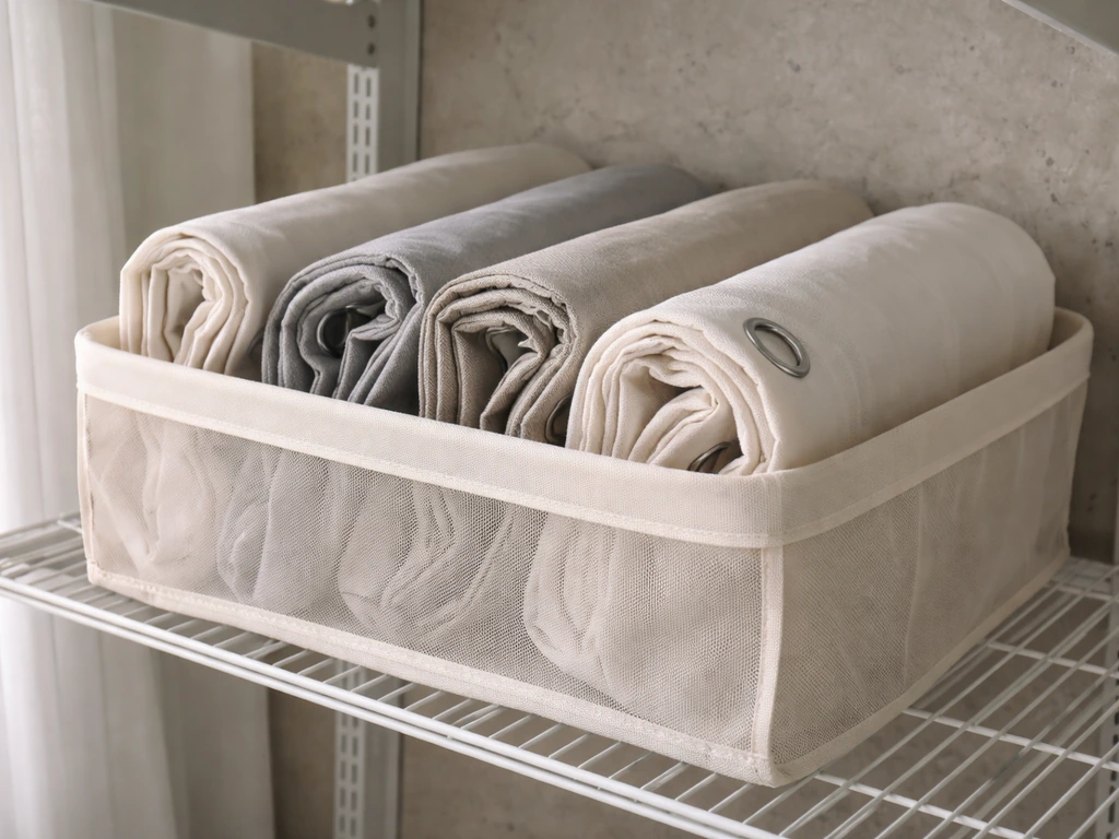 Curtain panels folded/rolled and stored in a breathable bag on a garage/closet shelf.
