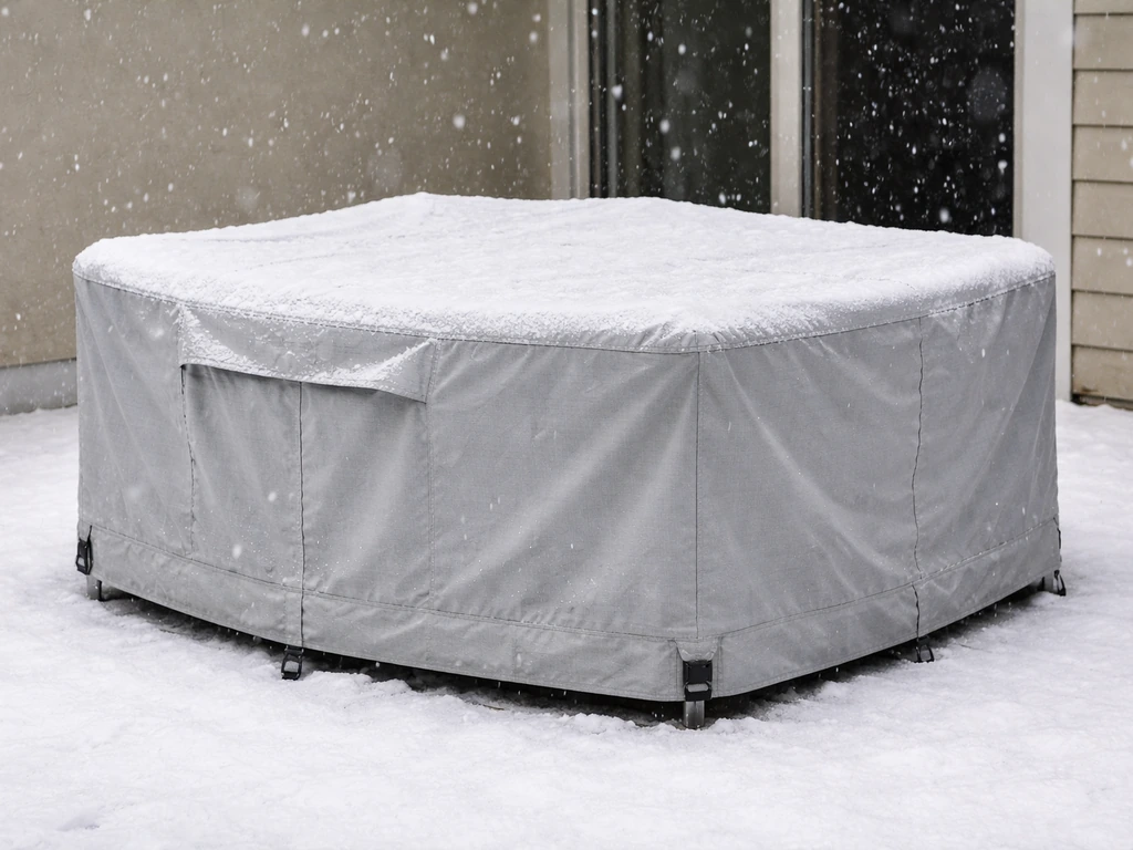 Snow falls on a patio dining set with a snug, vented, tie-down patio furniture cover