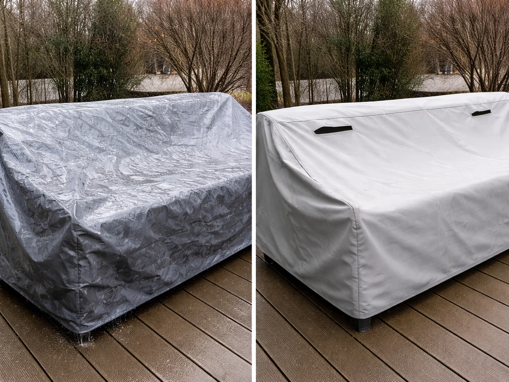 Left: non-breathable tarp pooling moisture on patio furniture; right: breathable winter cover with vents over the same s