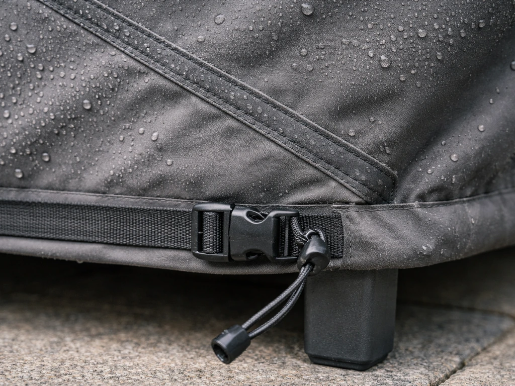 Close-up of waterproof cover seam tape and cord-lock buckle straps securing it to a patio furniture leg.