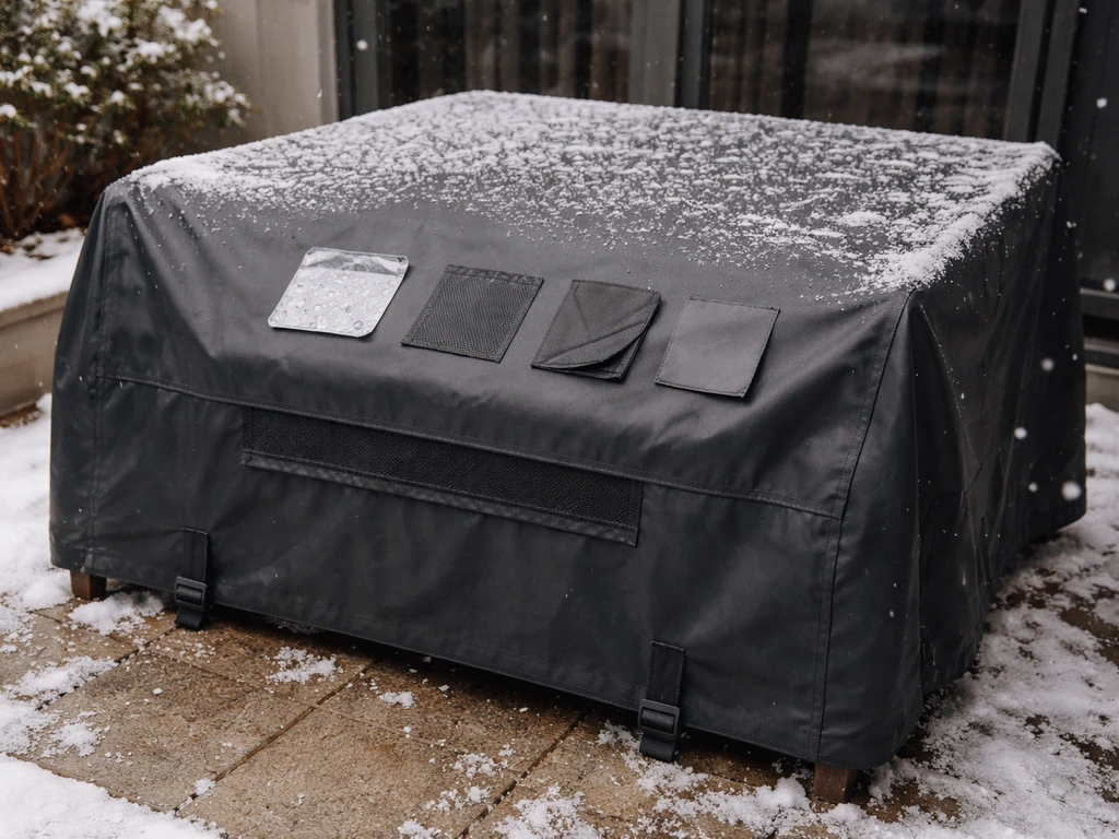 Winter-covered patio set with simple five-item checklist feel, showing snow-ready gear and vents.