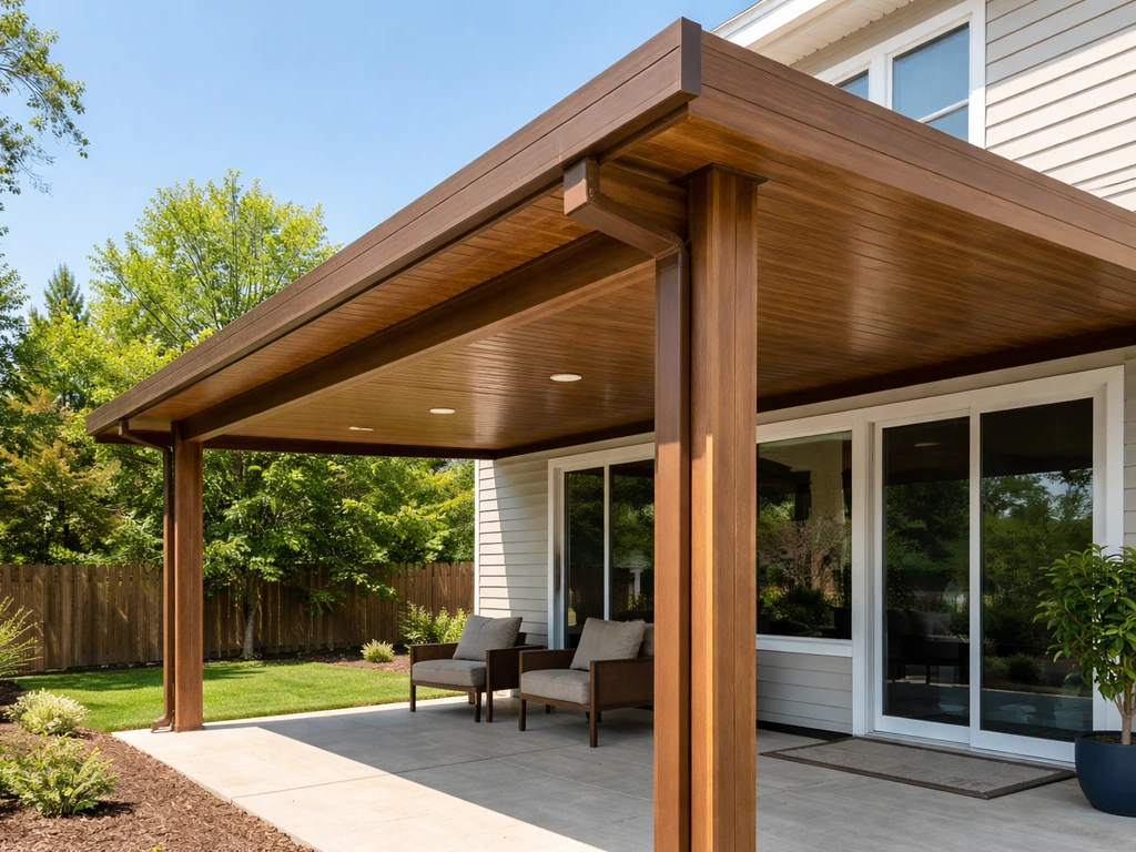 Suburban patio with an Alumawood-style aluminum cover, wood-grain finish visible in natural daylight.