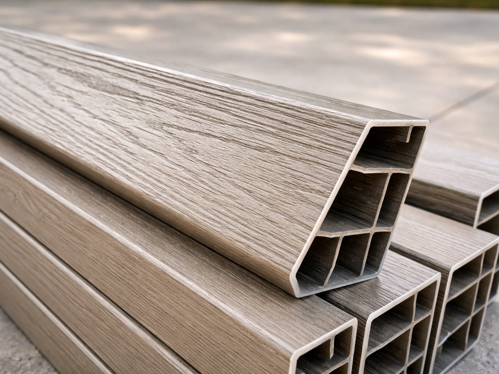 Close-up of structural aluminum extrusions with embossed wood-grain and protective finish in daylight.