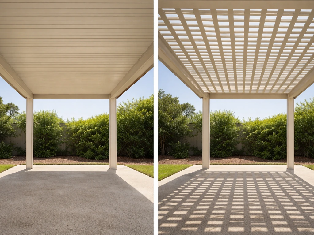 Split view of solid closed patio cover blocking light versus lattice cover with airy filtered sunlight.