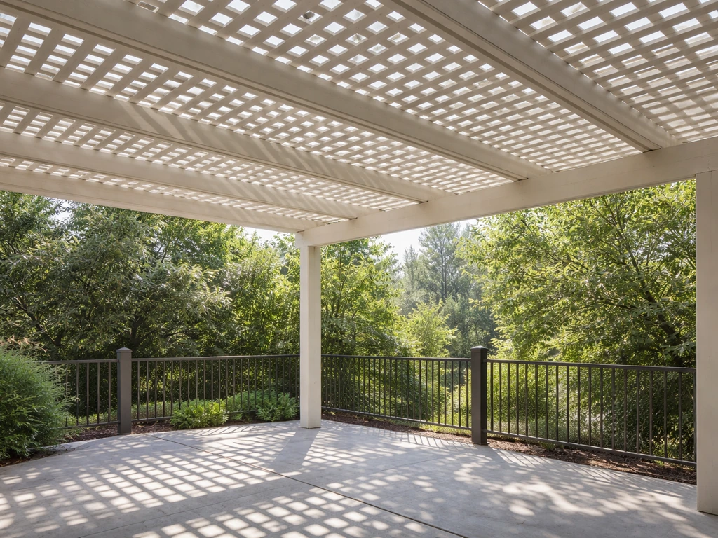 Open grid lattice patio cover casting dappled shade and filtering sunlight on a quiet patio.
