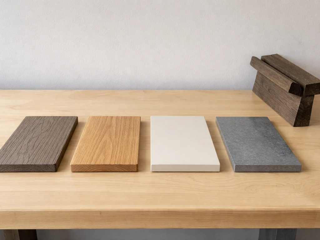 Minimal tabletop scene showing four material samples and a simple pergola beam, each with distinct textures.