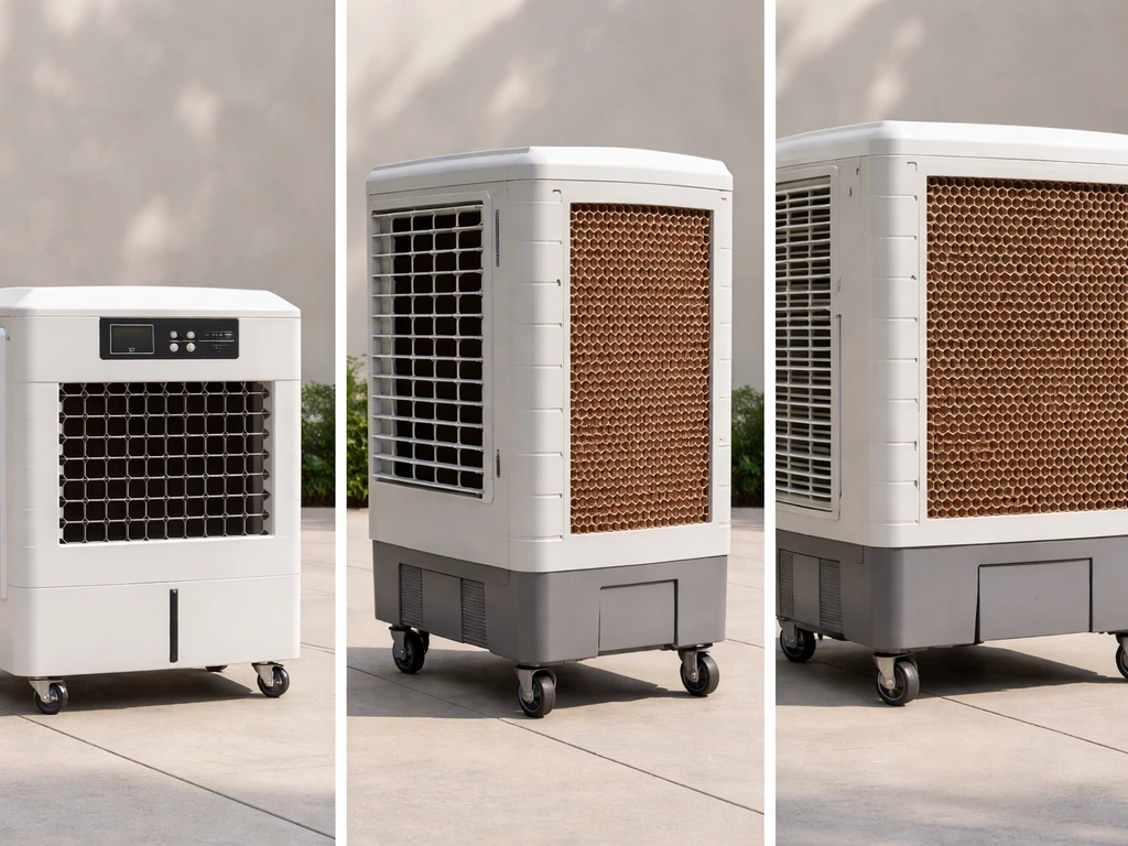 Collage of three close-up swamp coolers showing front panels, wheels, and cooling pads for small, medium, and large pati