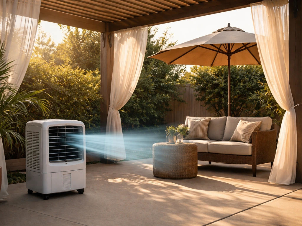 Partially covered patio with an outdoor swamp cooler placed to blow cooled air across a seating area