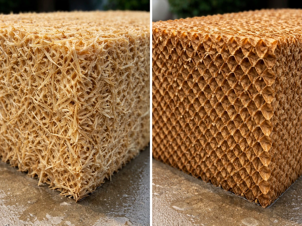 Closeup side-by-side textures of aspen wood wool vs cellulose cooling pads for patio cooling