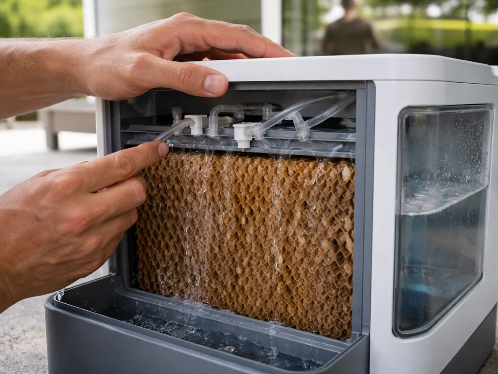 Close-up of hands priming humidifier pads and running a pump with visible water fill line and wet pads