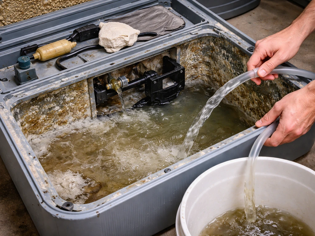 Anonymous hands draining a swamp cooler tank with visible mineral scale buildup, cleaning the sump before refilling.