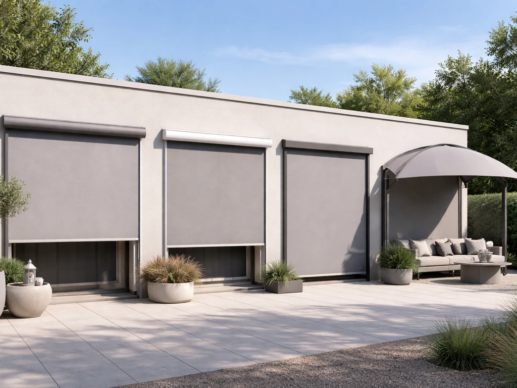Four distinct motorized patio shade types on a quiet patio: roller, cassette, tracked, and dome/umbrella.