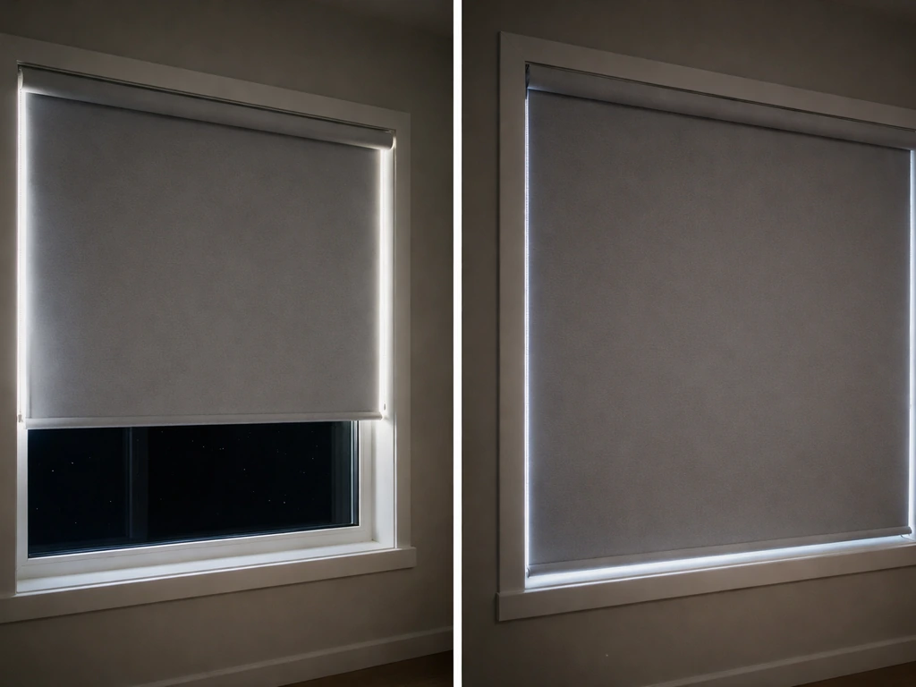 Two roller shade setups showing a light gap at the side of a free-hanging shade versus a sealed tracked edge.