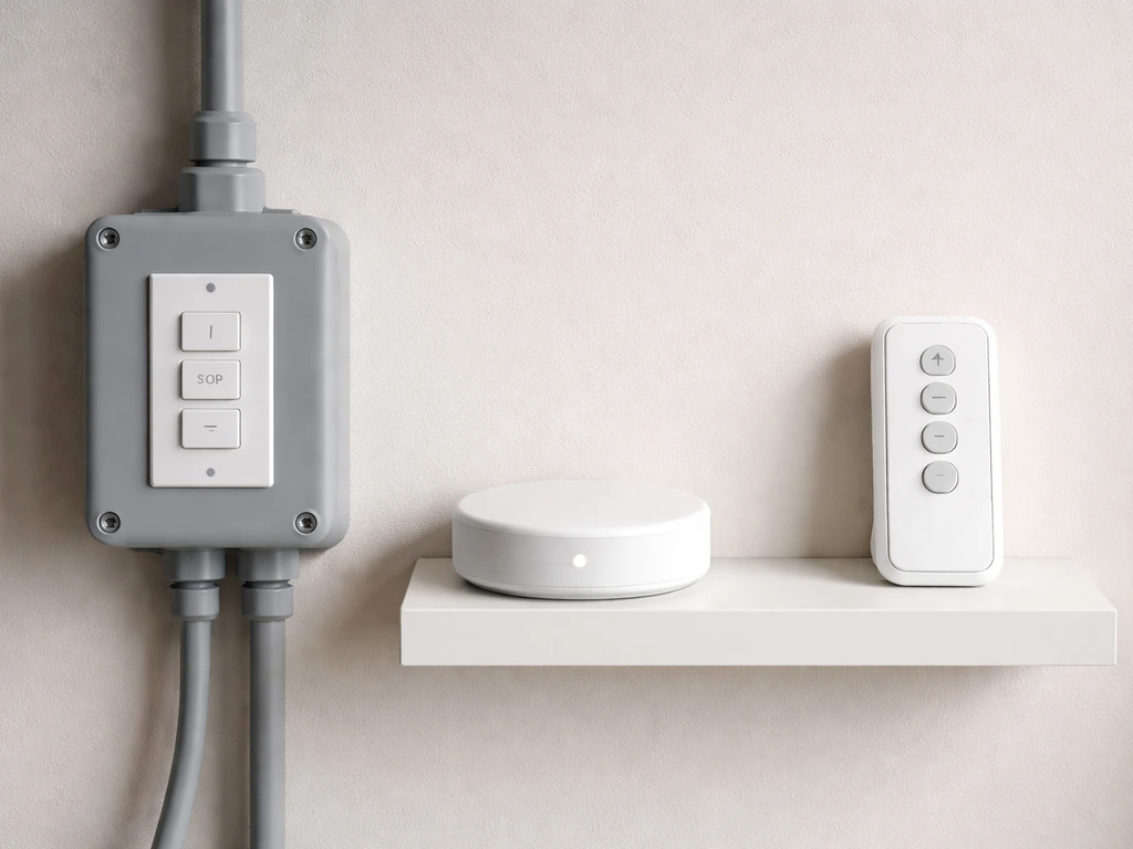 Motorized shade control options: outdoor-rated wall switch by a remote and a small smart hub on a tidy wall