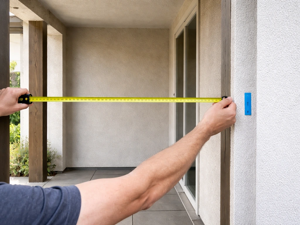 Person measuring a patio opening width and drop with a tape measure and marker on a small ledge