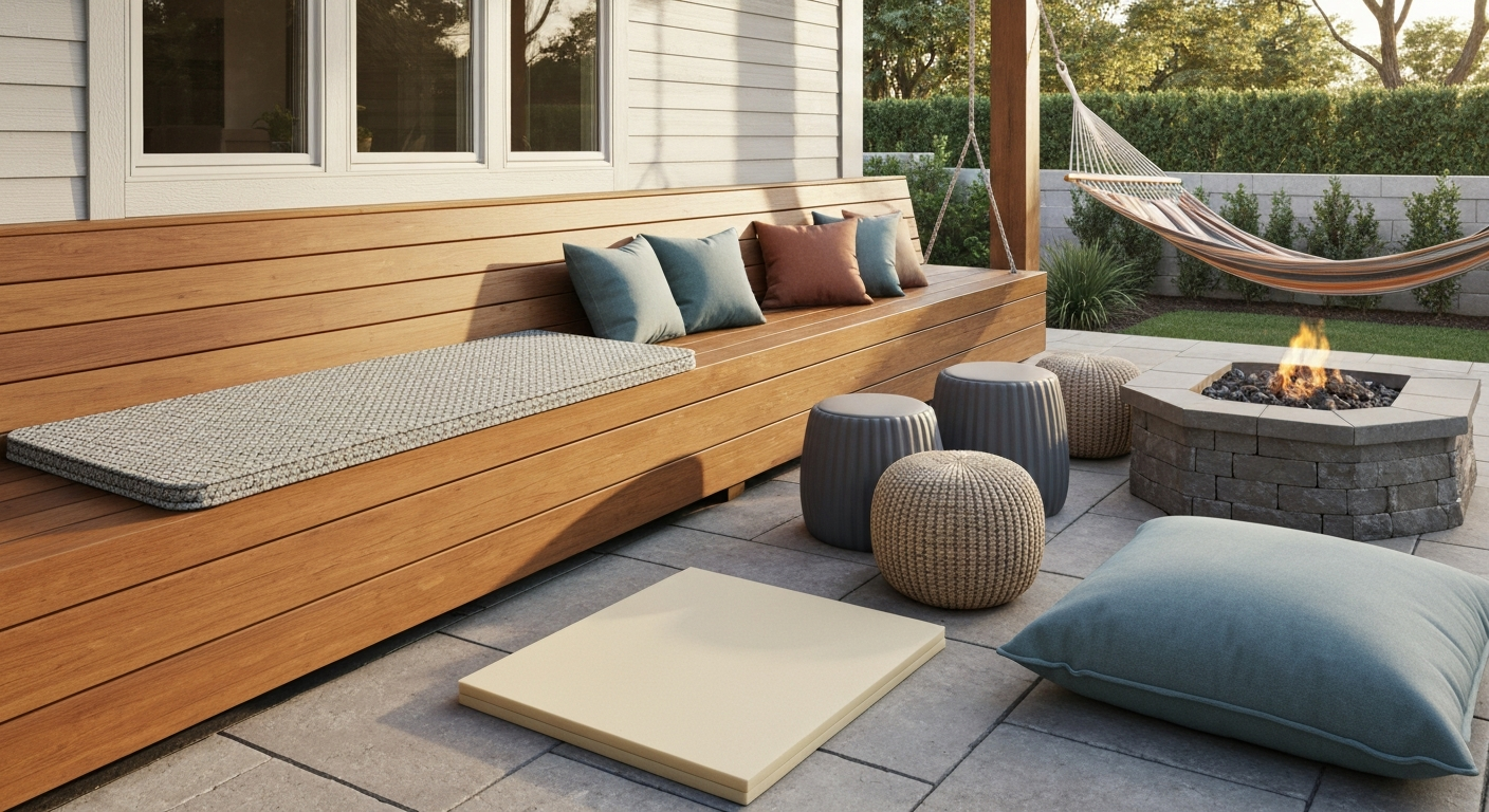 Outdoor patio scene showing built-in bench with an outdoor rug seat, slim bench pad on a swing, waterproof poufs and molded ottomans near a fire pit, stacked floor pillows, and a hammock.