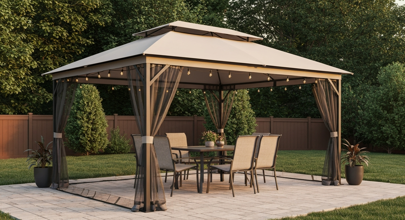 10x10 soft-top patio gazebo with mesh netting, seating, and string lights on a backyard patio.