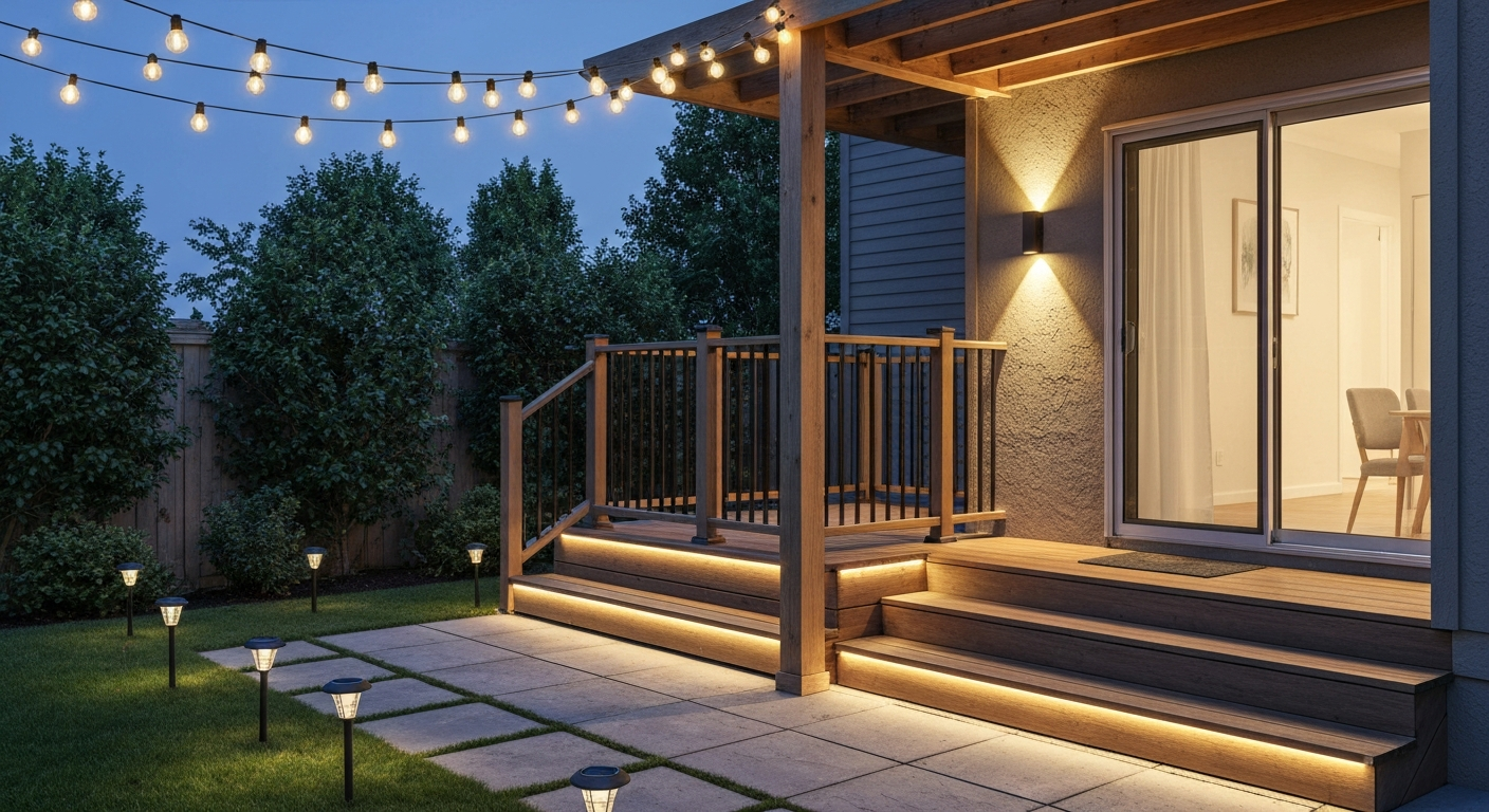 Twilight patio with warm string lights overhead, wall sconce by the door, LED strip lighting under the railing, and solar stake lights along a garden path.