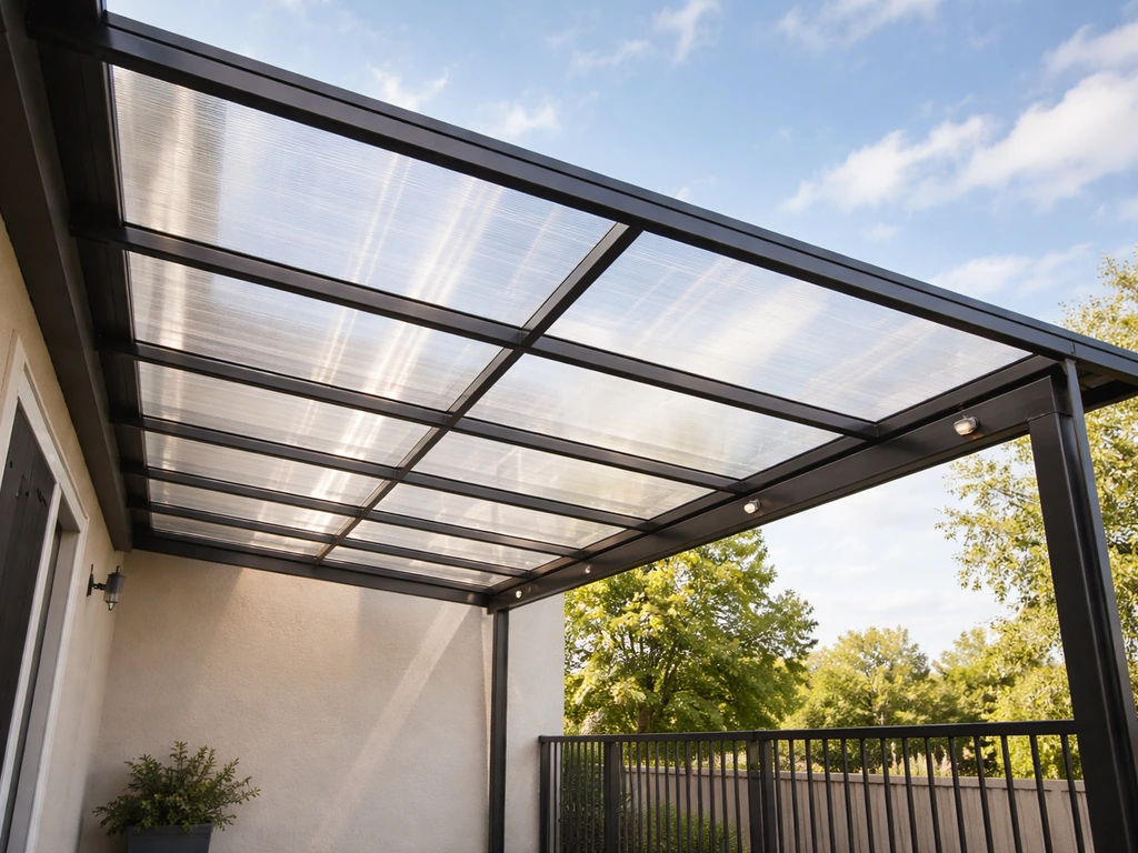 Exterior patio with a newly installed polycarbonate cover showing panel lines, frame, and soft lighting.