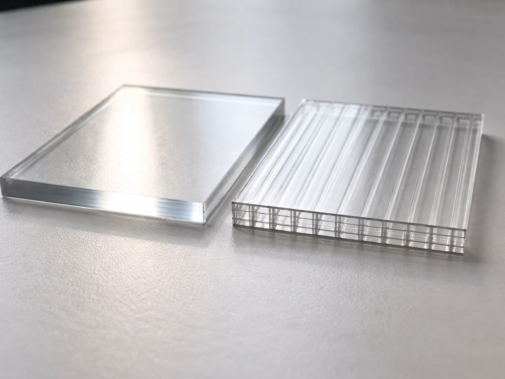 Close-up of solid vs twinwall polycarbonate panel samples showing clear light transmission and channel structure