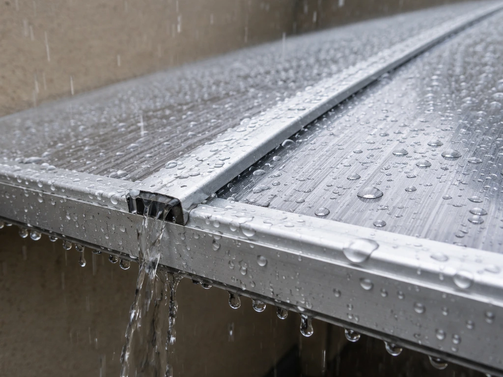 Rainwater beading and draining along a sealed polycarbonate patio cover panel seam.