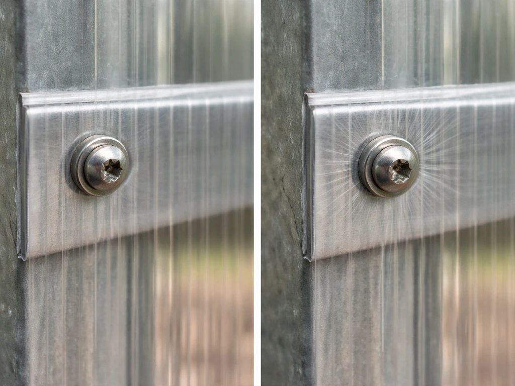Closeup comparison of polycarbonate fasteners: proper clearance vs over-tightening causing cracking stress lines.