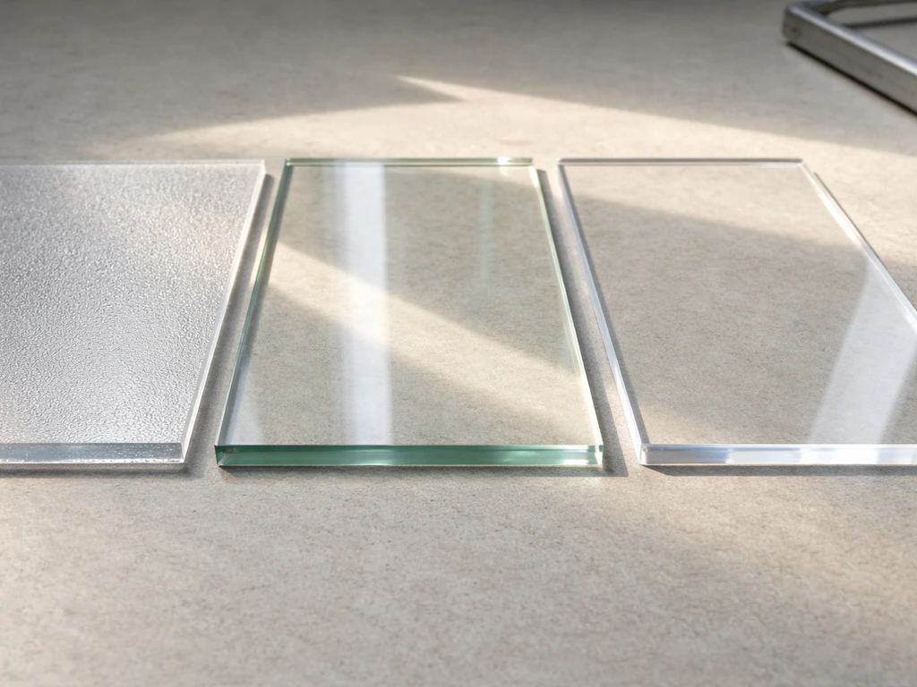 Close-up of polycarbonate sheet beside glass and acrylic with a light beam showing different transparency.