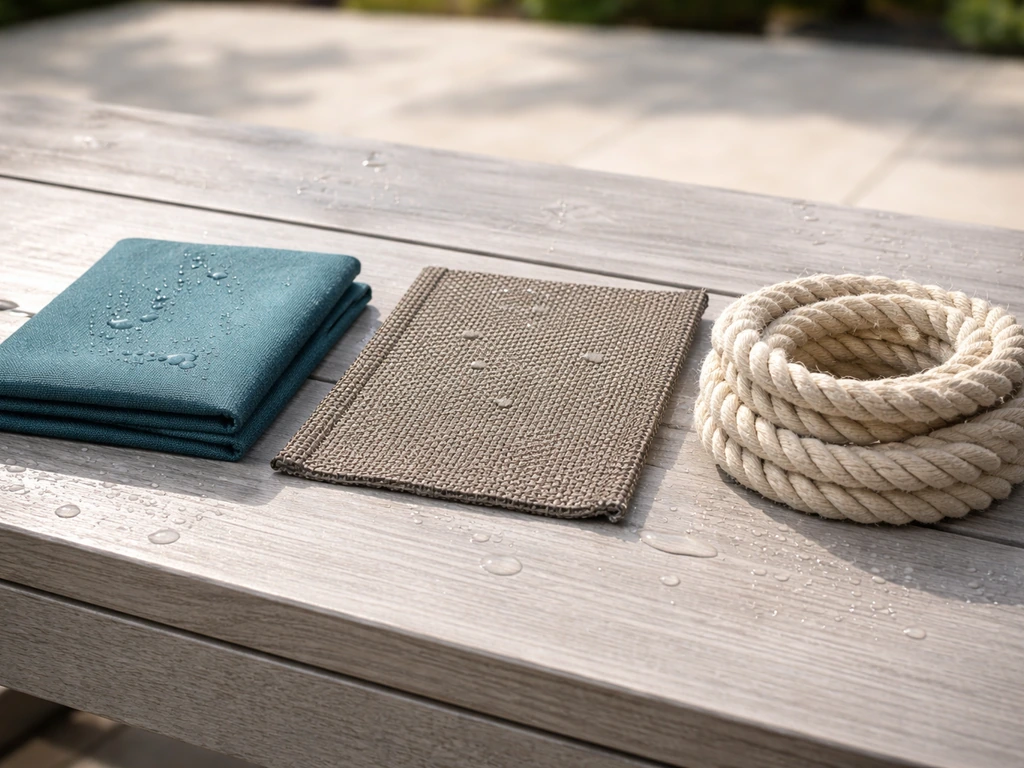 Three hammock fabric swatches—solution-dyed acrylic, Textilene mesh, and rope—laid on a sunlit patio table.