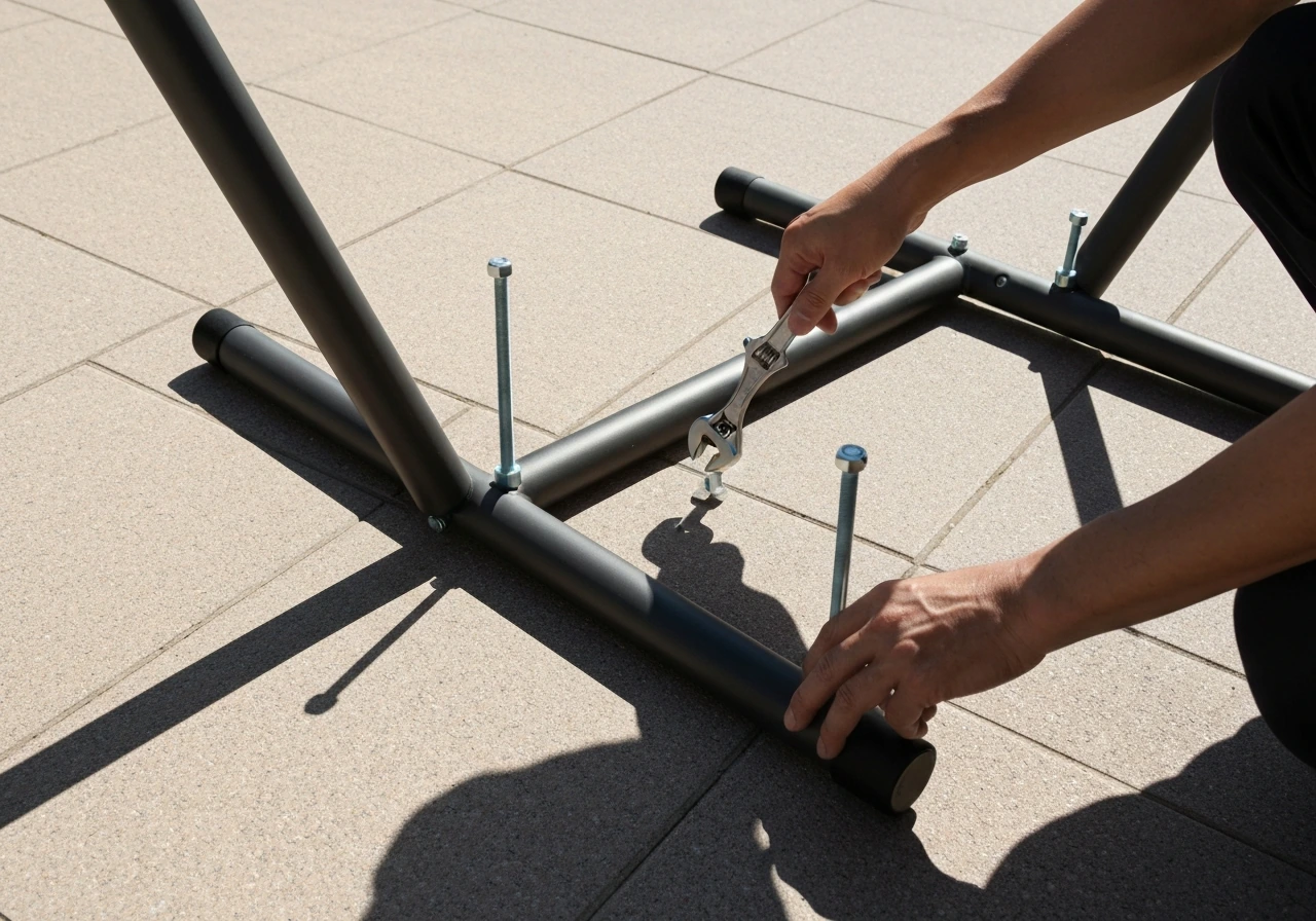 Hammock stand being assembled on a flat surface with bolts and a simple tool, safety check focus