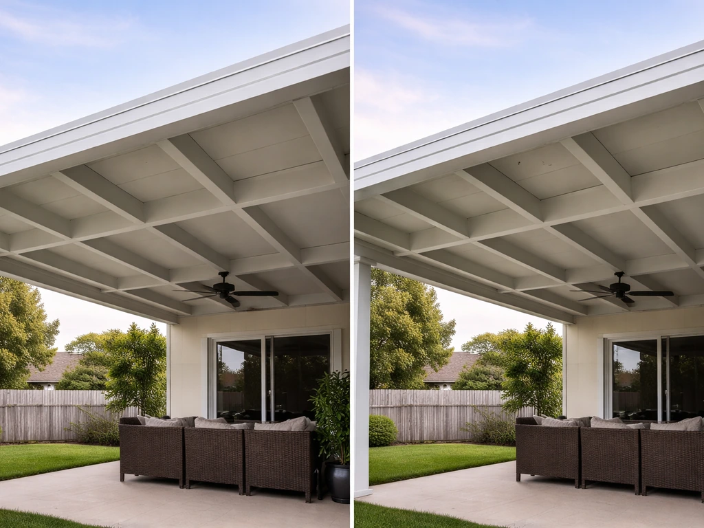 Split-screen view of two residential patio cover systems: insulated aluminum panel vs aluminum-and-foam board
