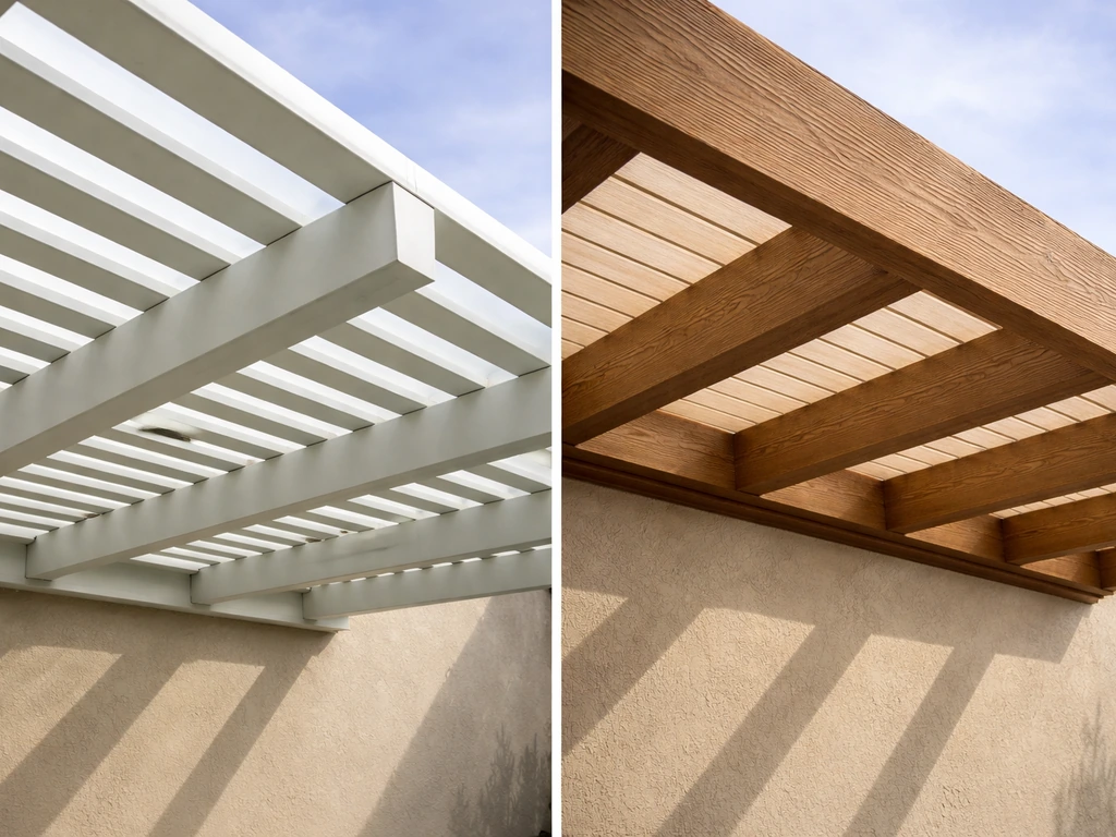 Two adjacent close-up views of aluminum patio cover lattice and wood-like panel beams in a clean outdoor setting.