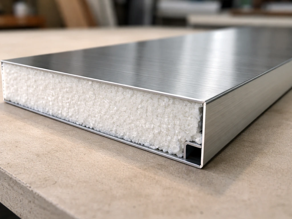 Close-up cross-section of an insulated patio cover panel showing foam core between aluminum skins.