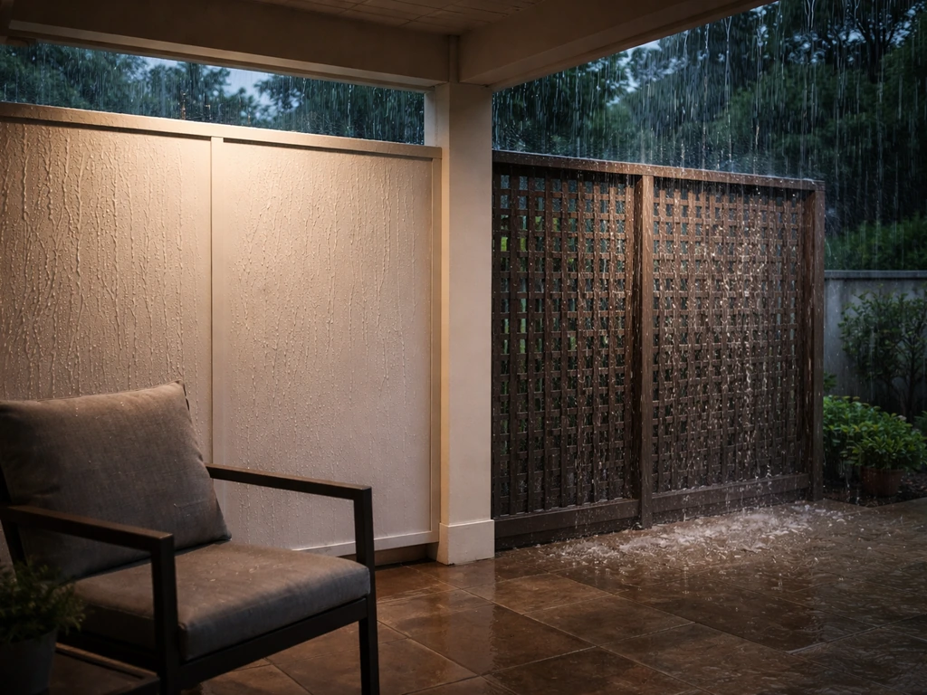 Covered patio with gentle rainfall; solid insulated panels look calmer and reduce visible splash vs thinner panels.