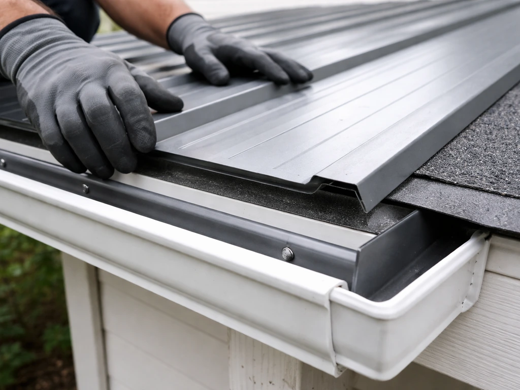 Close-up of pitched roofing panel with layered flashing directing drainage into a gutter and downspout