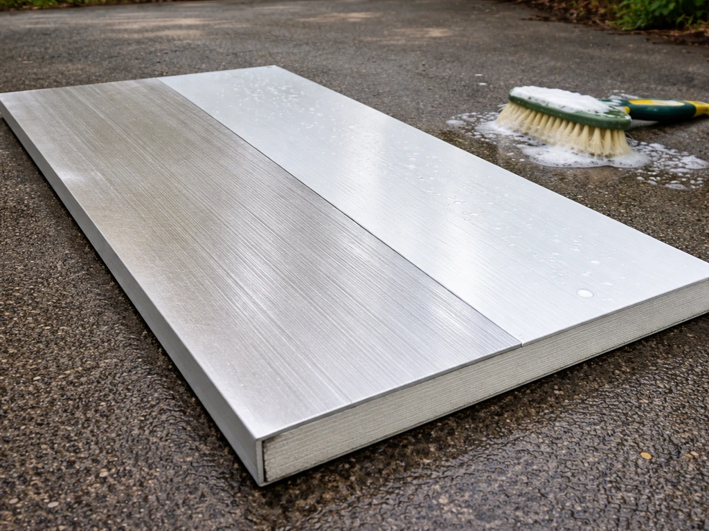 Close-up of an aluminum patio cover panel with visible grime before and a cleaned, brighter surface after.