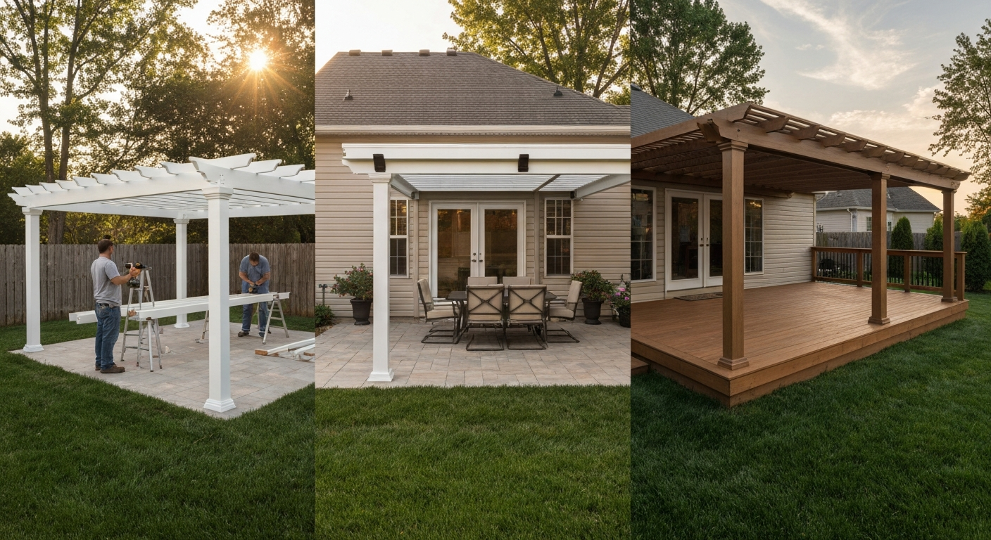 Backyard comparison showing a small DIY white vinyl pergola, a midrange attached white/sandstone pergola, and a large premium vinyl-clad deck pergola, with people assembling the budget unit.